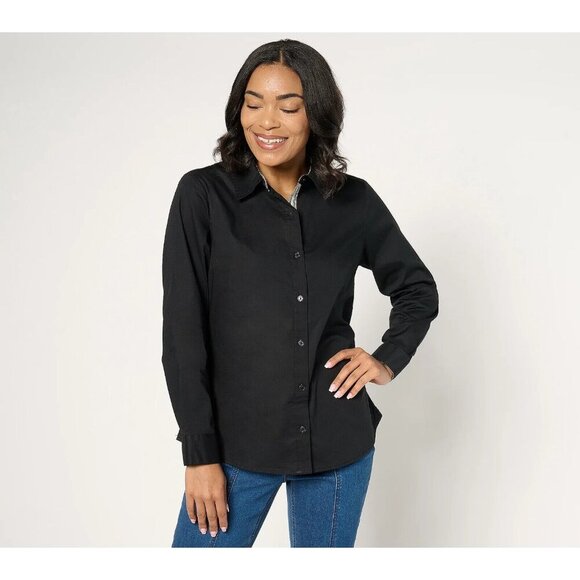 Denim & Co. Printed Poplin Button Front Shirt BLACK SIZE 1X A671825 - Picture 1 of 1